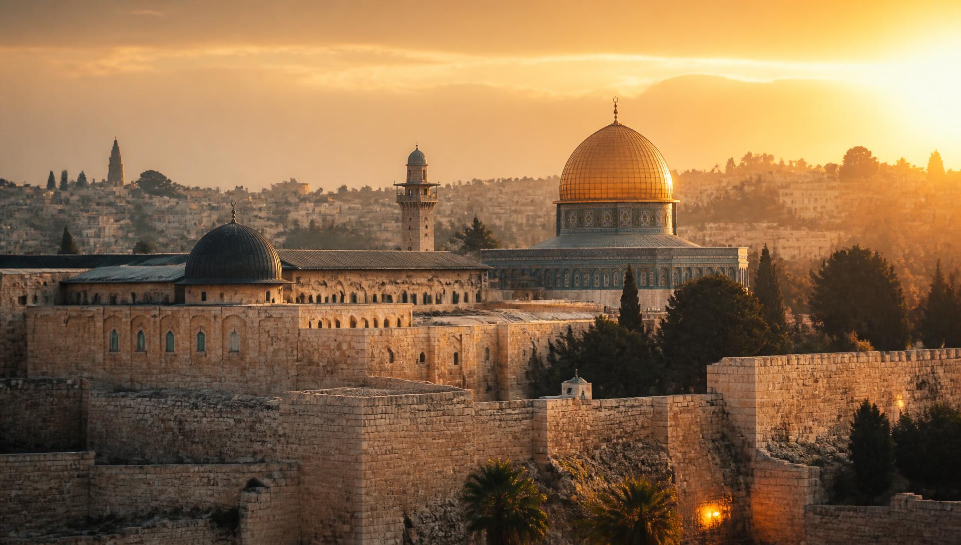The Dome of the Rock and the Al-Aqsa compound at golden hour