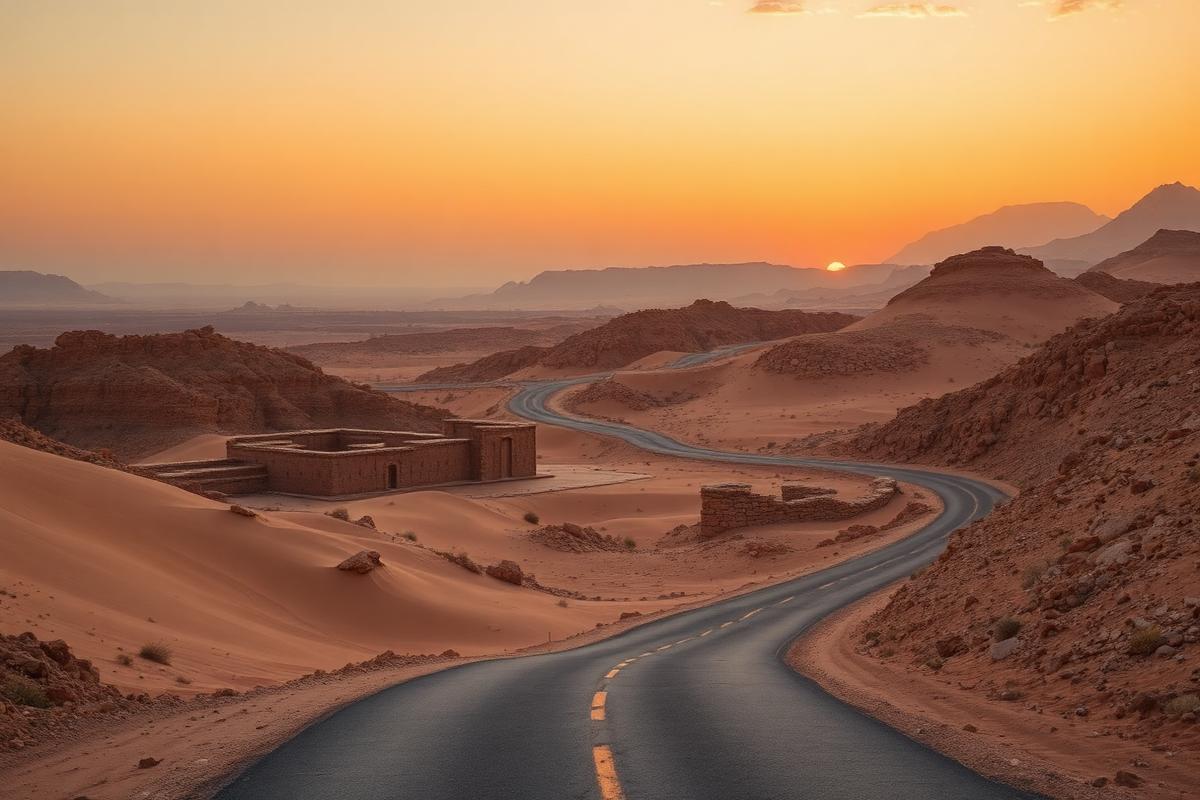 Desert road winding through the hills of Jordan at sunset